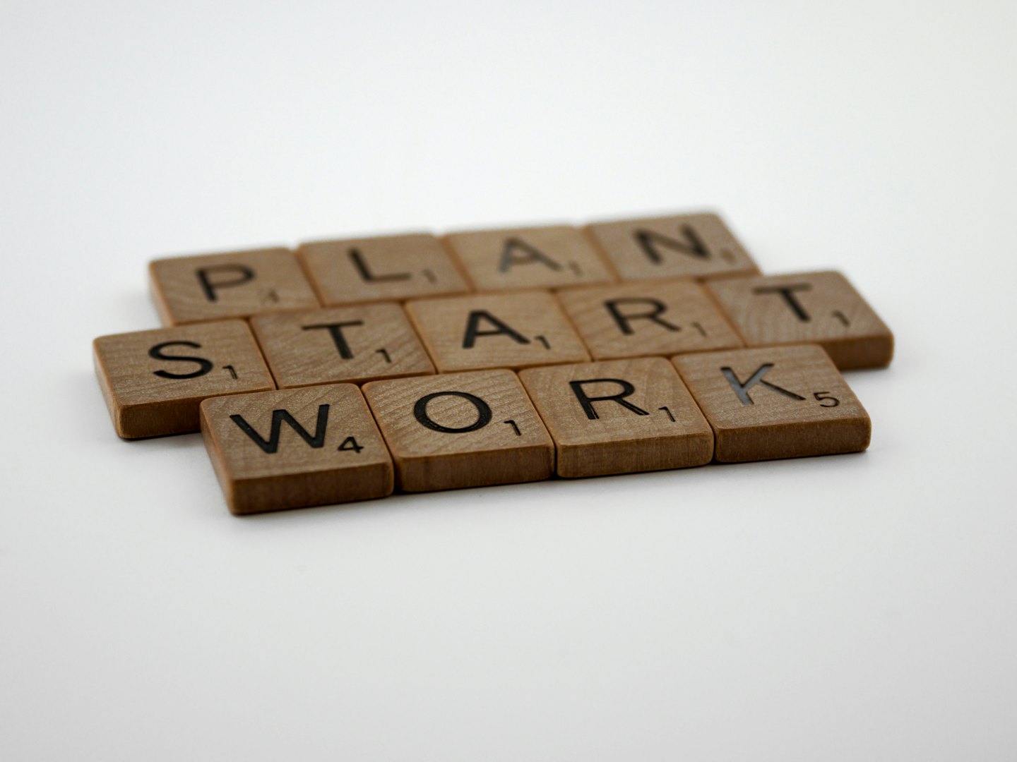 Holzbuchstaben bilden die Worte Plan Start Arbeit auf Weiß.